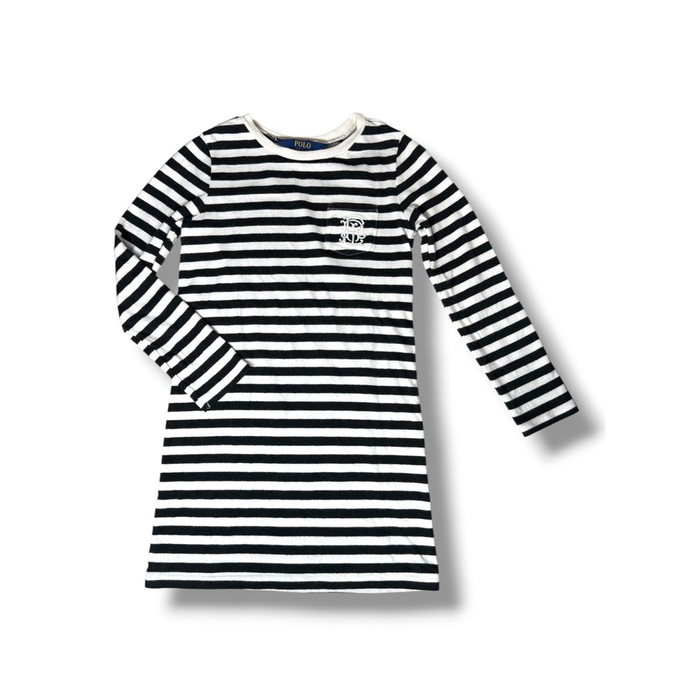 Polo Ralph Lauren Girls Size 5 Black White Striped Long Sleeve T-Shirt Dress